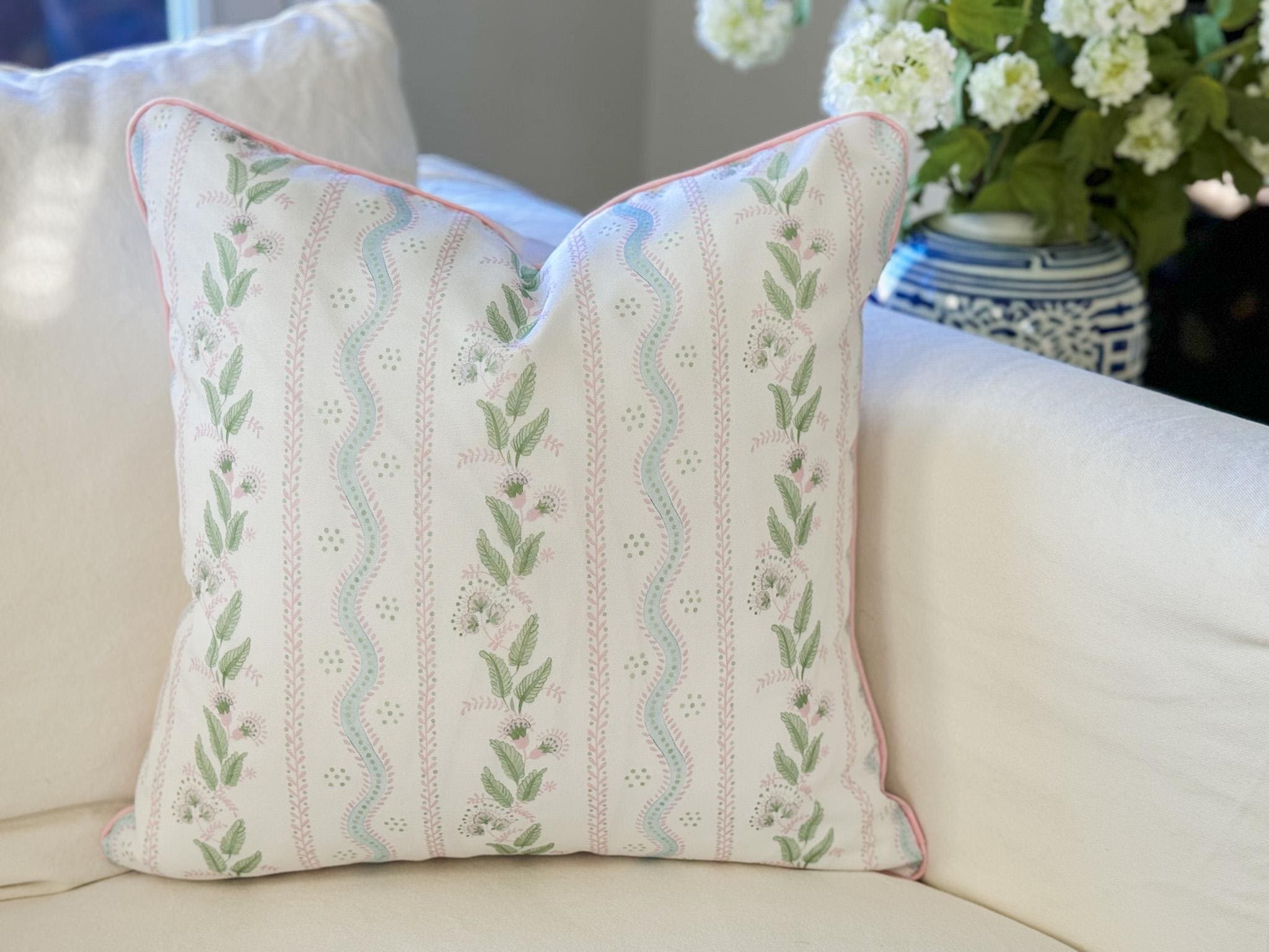 Danika Herrick Pink Vines Floral Pillow Cover in Linen Cotton Canvas - Grandmillenial Decor