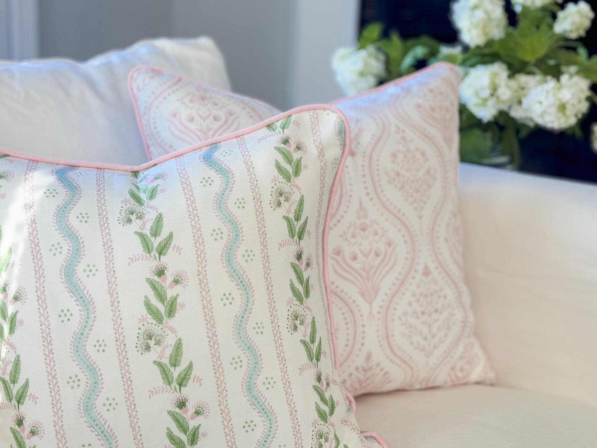Danika Herrick Pink Vines Floral Pillow Cover in Performance Linen - Grandmillenial Decor