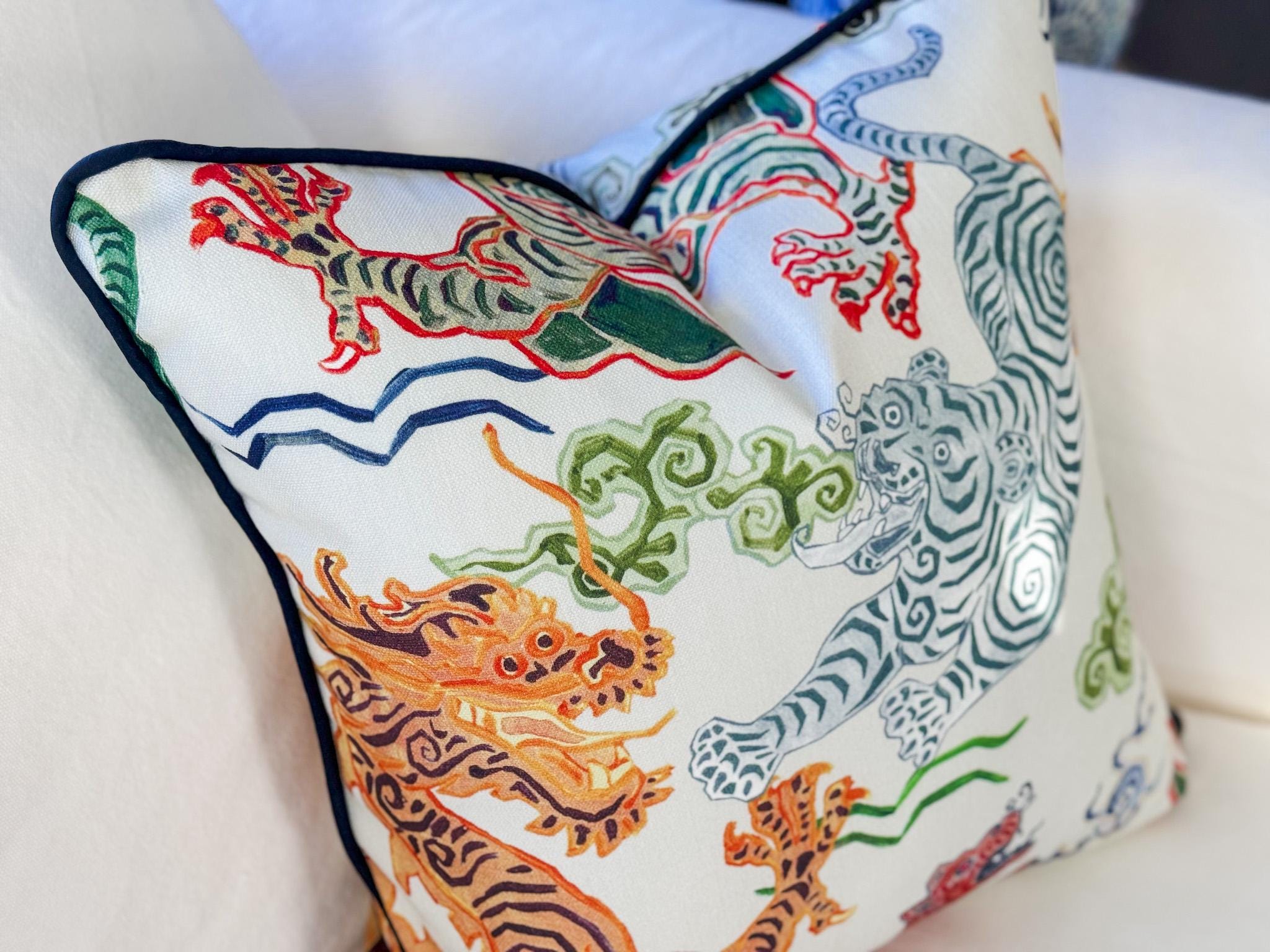 Hamilton Himalaya Natural Tigers & Dragons Pillow Cover - Chinoiserie Decor