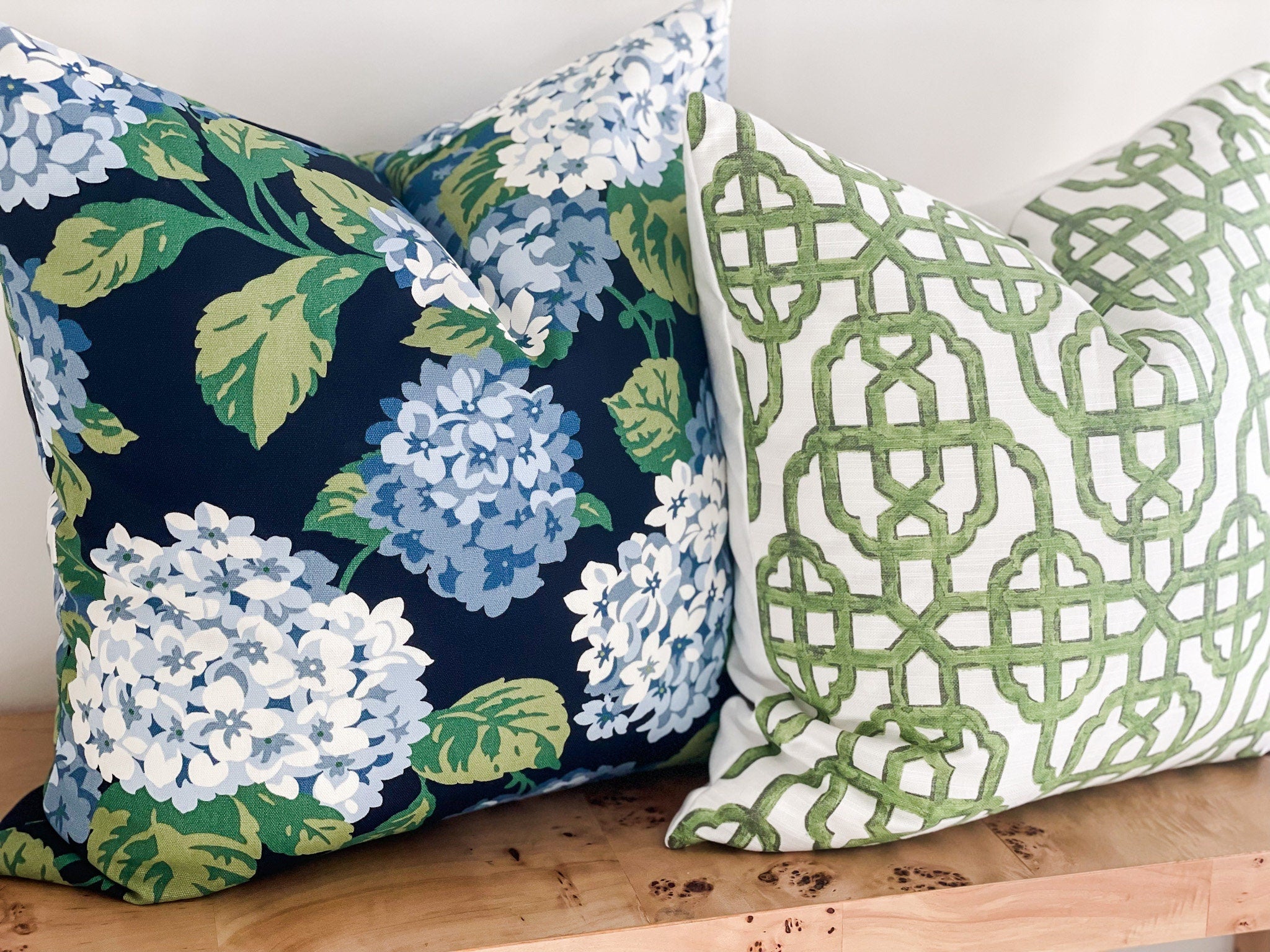 Navy Summer Wind Hydrangea Floral Pillow Cover - Farmhouse Cottagecore Decor