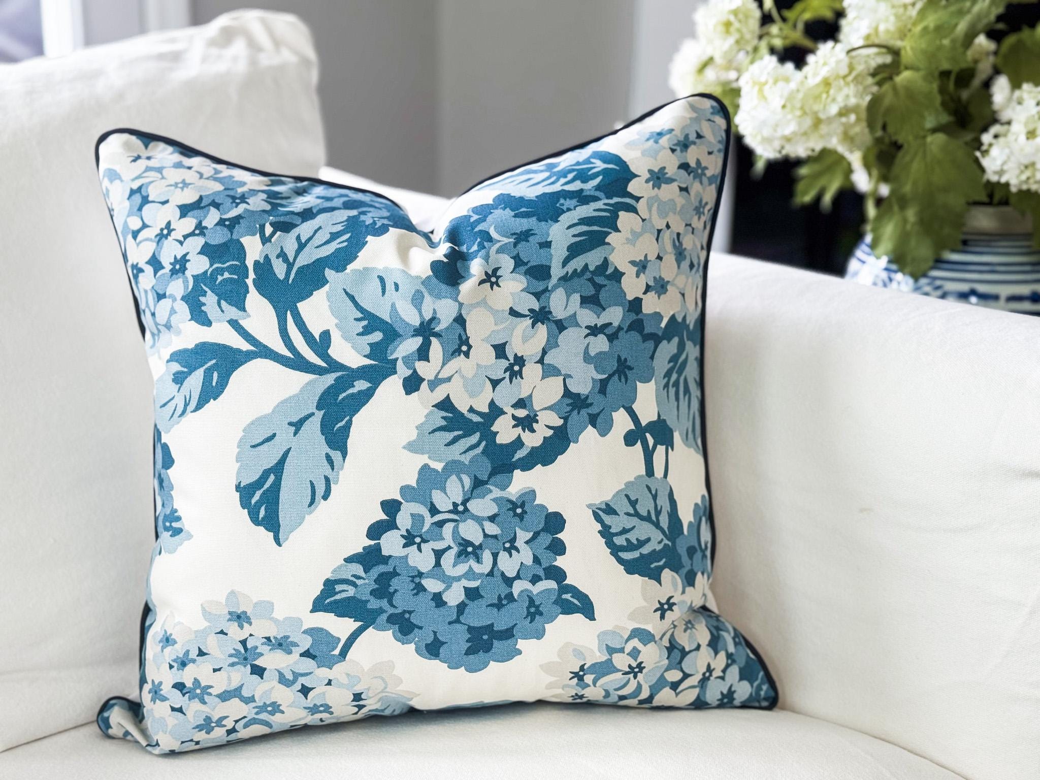 Blue Summer Wind Hydrangea Floral Pillow Cover - Farmhouse Cottagecore Grandmillennial Decor