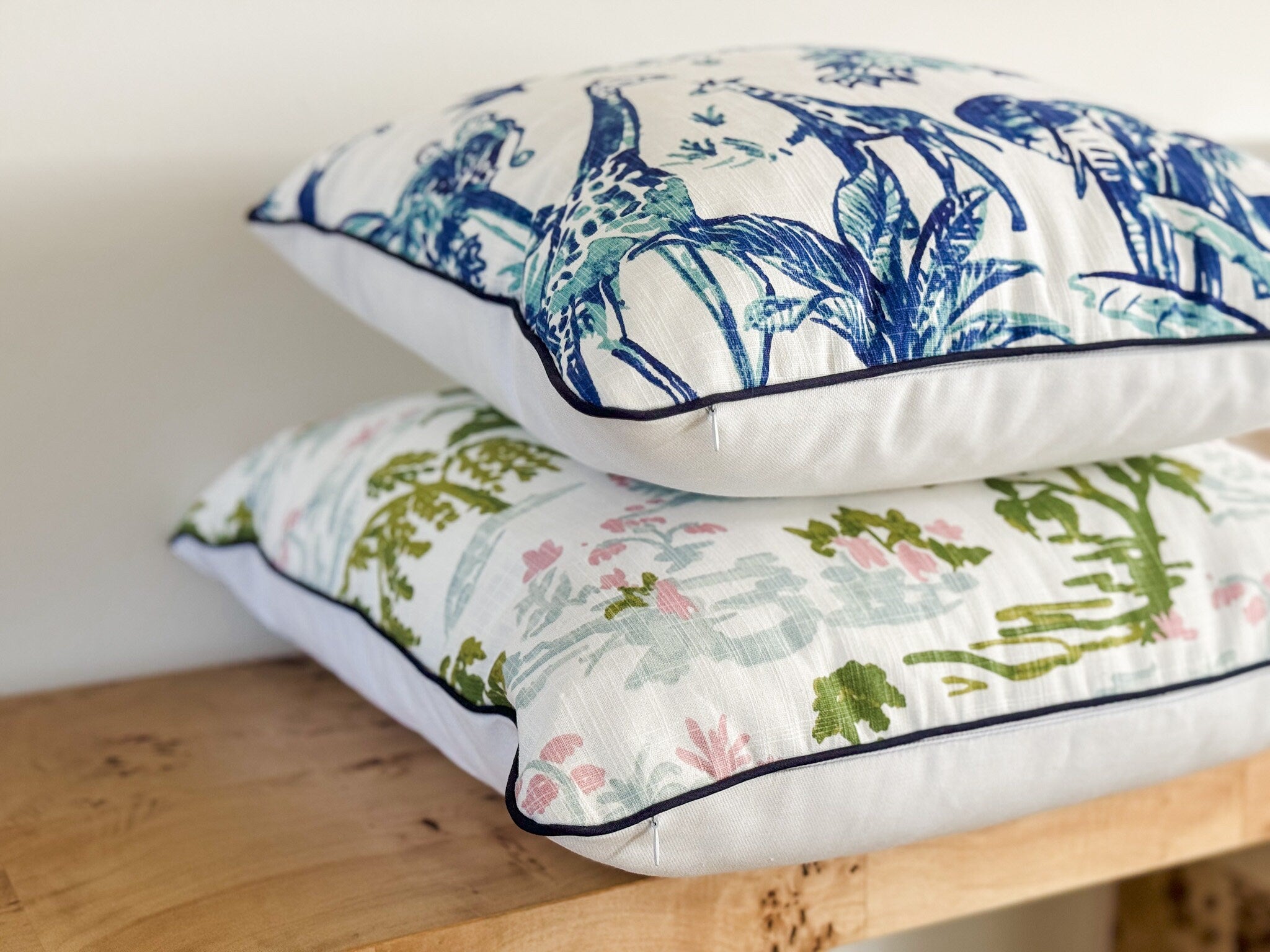 Blue Jungle Animal Print Toile Pillow Cover - Chinoiserie Decor