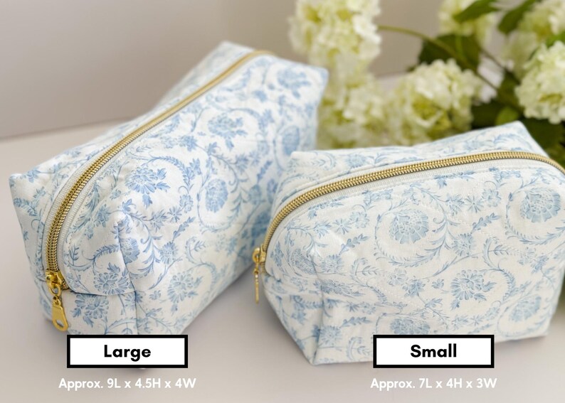 Blue & White Floral Makeup Bag, Quilted Cosmetic Bag, Floral Toiletry Bag Women, Quilted Travel Bag, Grandmillenial