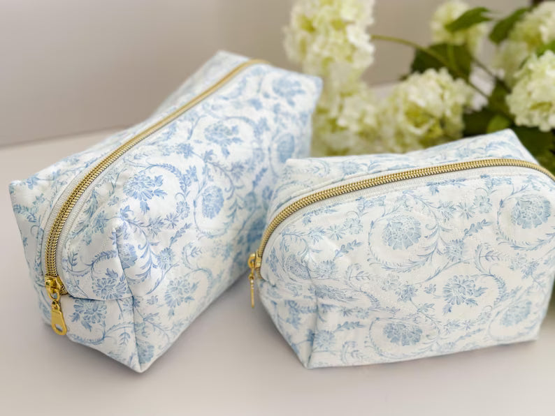 Blue & White Floral Makeup Bag, Quilted Cosmetic Bag, Floral Toiletry Bag Women, Quilted Travel Bag, Grandmillenial