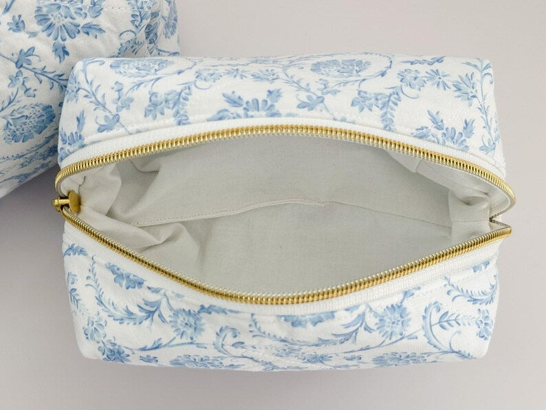 Blue & White Floral Makeup Bag, Quilted Cosmetic Bag, Floral Toiletry Bag Women, Quilted Travel Bag, Grandmillenial