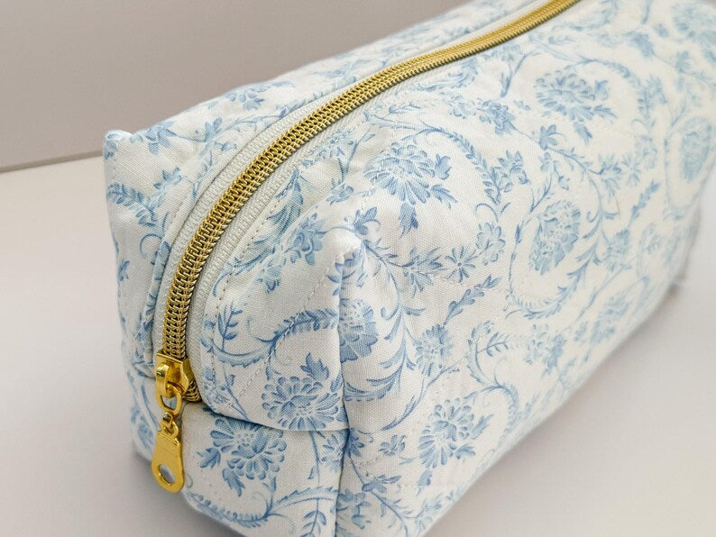 Blue & White Floral Makeup Bag, Quilted Cosmetic Bag, Floral Toiletry Bag Women, Quilted Travel Bag, Grandmillenial