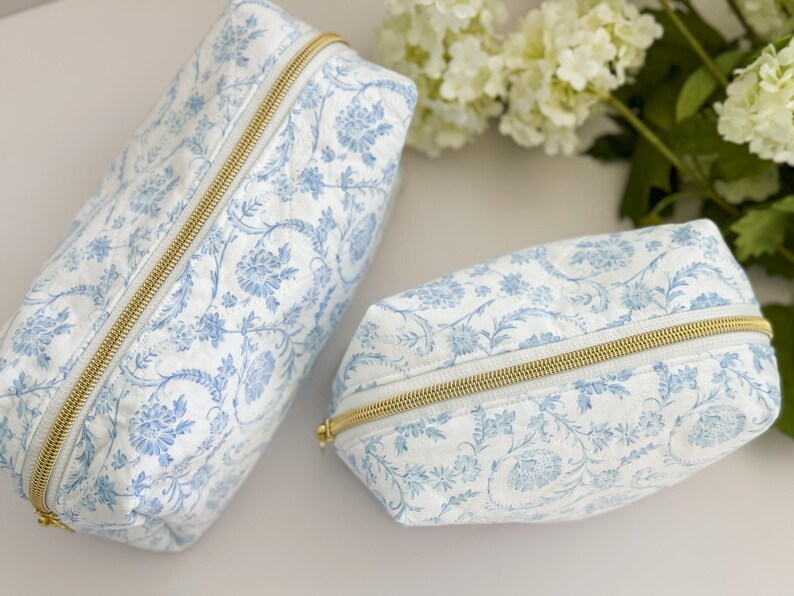 Blue & White Floral Makeup Bag, Quilted Cosmetic Bag, Floral Toiletry Bag Women, Quilted Travel Bag, Grandmillenial