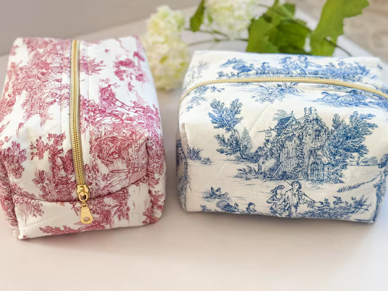 Toile Makeup Bag, Quilted Cosmetic Bag, Floral Toiletry Bag Women, Quilted Travel Bag, Boxy Makeup Bag, Grandmillenial