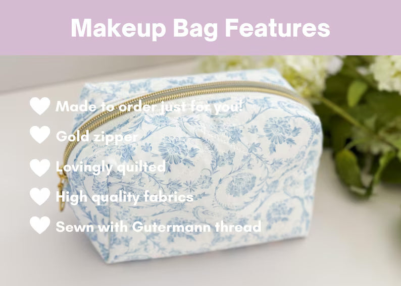 Blue & White Floral Makeup Bag, Quilted Cosmetic Bag, Floral Toiletry Bag Women, Quilted Travel Bag, Grandmillenial