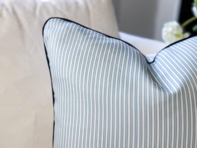 Danika Herrick Blue Tiny Ticking Stripe Pillow Cover - Grandmillenial Farmhouse Decor