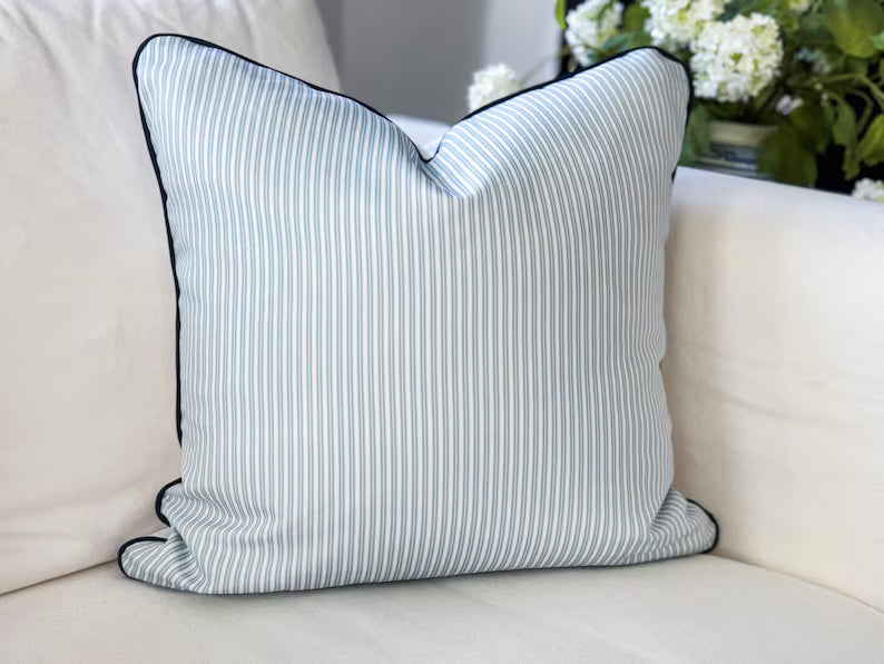 Danika Herrick Blue Tiny Ticking Stripe Pillow Cover - Grandmillenial Farmhouse Decor
