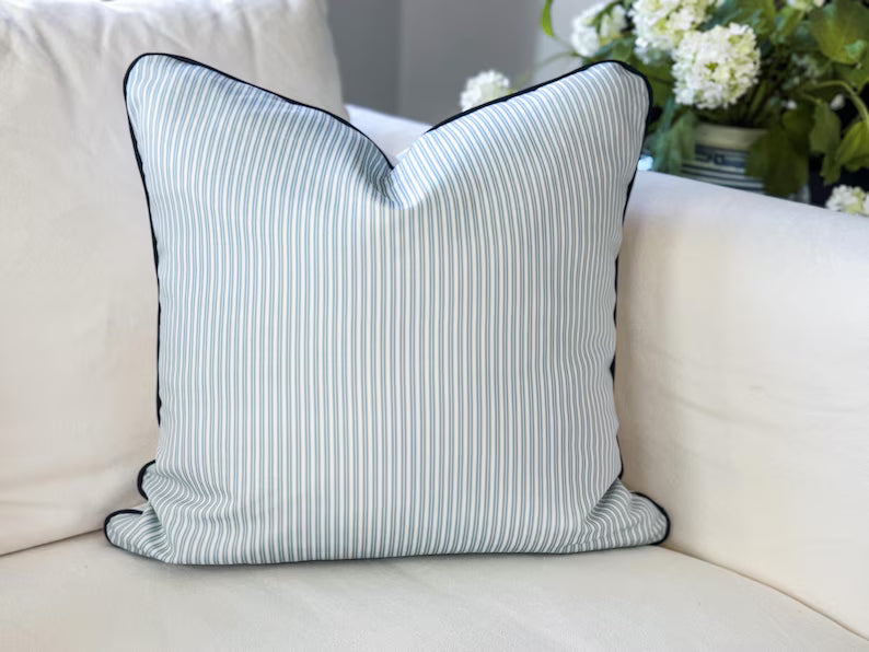 Danika Herrick Blue Tiny Ticking Stripe Pillow Cover - Grandmillenial Farmhouse Decor