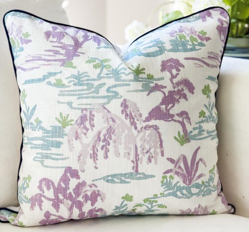 Blue & Purple Watercolor Toile Pillow Cover - Grandmillennial Chinoiserie Decor