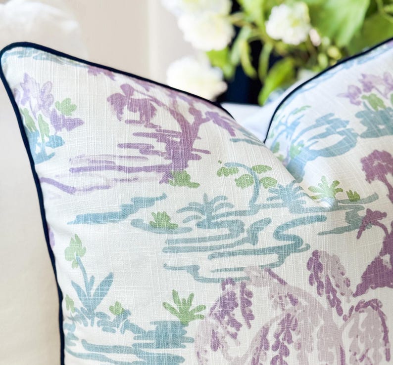 Blue & Purple Watercolor Toile Pillow Cover - Grandmillennial Chinoiserie Decor