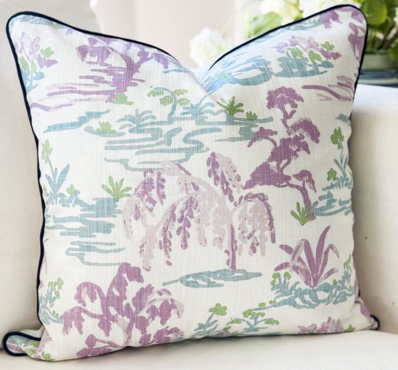 Blue & Purple Watercolor Toile Pillow Cover - Grandmillennial Chinoiserie Decor