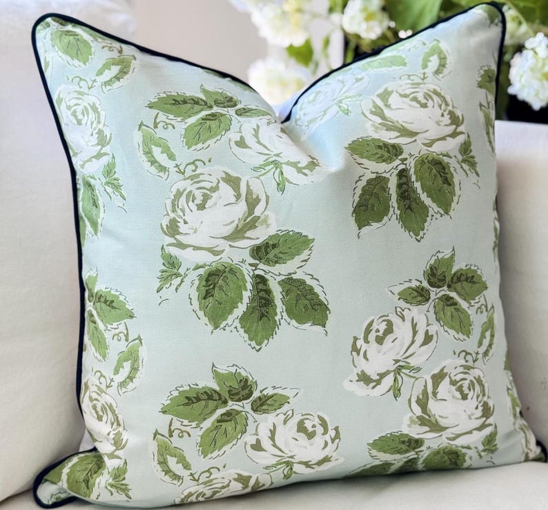 Whitney English Blue Woodland Rose Floral Pillow Cover - Grandmillenial Decor