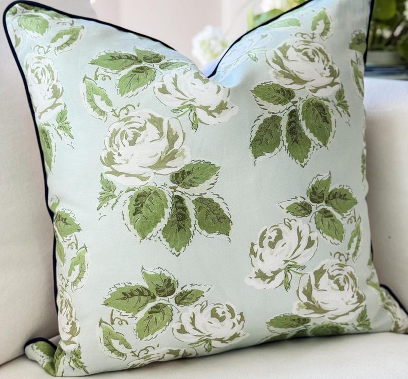 Whitney English Blue Woodland Rose Floral Pillow Cover - Grandmillenial Decor