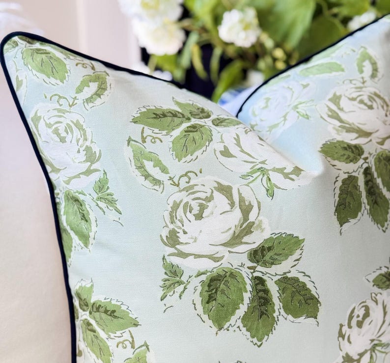 Whitney English Blue Woodland Rose Floral Pillow Cover - Grandmillenial Decor