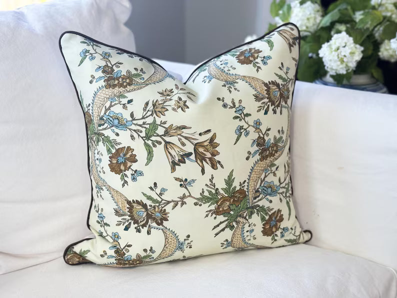 Whitney English Gloucester Floral Tan and Teal Pillow Cover Whitney English Gloucester Floral Tan and Teal Pillow Cover | Grandmillennial Chinoiserie Decor