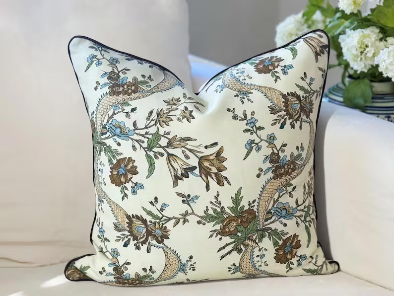 Whitney English Gloucester Floral Tan and Teal Pillow Cover Whitney English Gloucester Floral Tan and Teal Pillow Cover | Grandmillennial Chinoiserie Decor