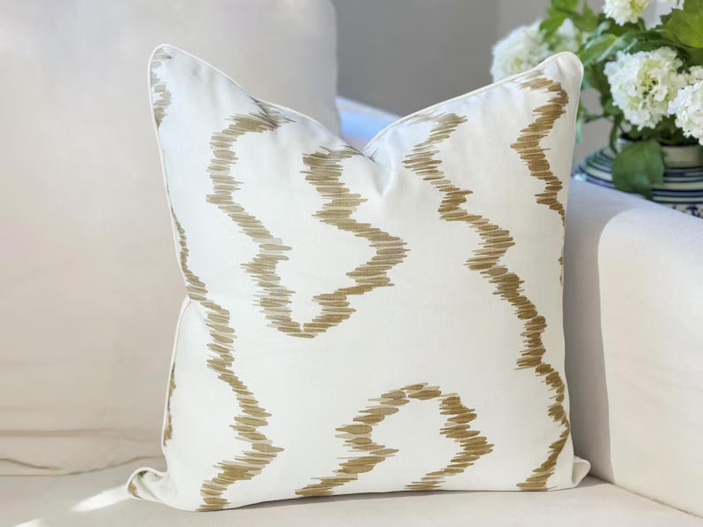 Whitney English Rambling Ikat Tan and Cream Pillow Cover | Grandmillenial Decor