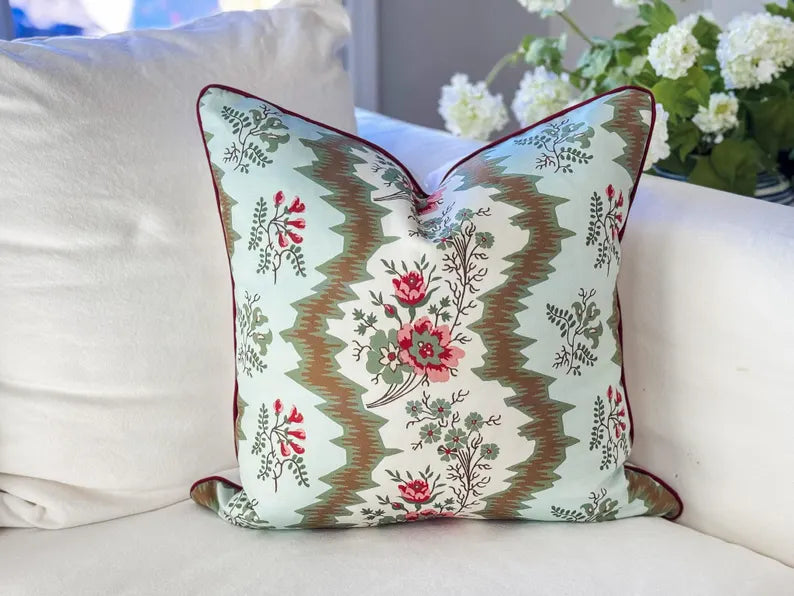 Whitney English Bedford Chintz Olive Green and Light Blue Pillow Cover | Grandmillennial Chinoiserie Decor