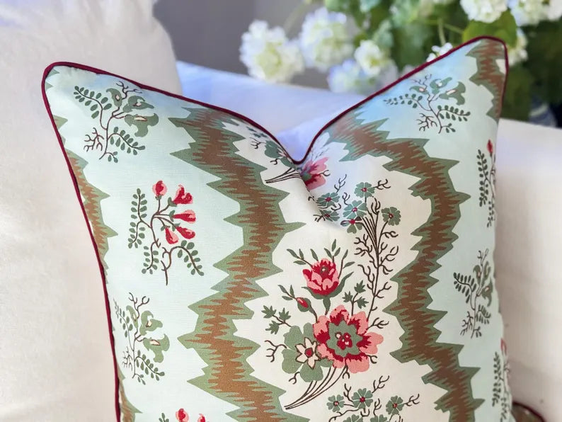 Whitney English Bedford Chintz Olive Green and Light Blue Pillow Cover | Grandmillennial Chinoiserie Decor