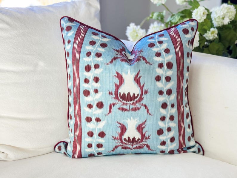 Danika Herrick Burgundy and Blue Ikat Pomegranate Pillow Cover | Grandmillennial Chinoiserie Decor