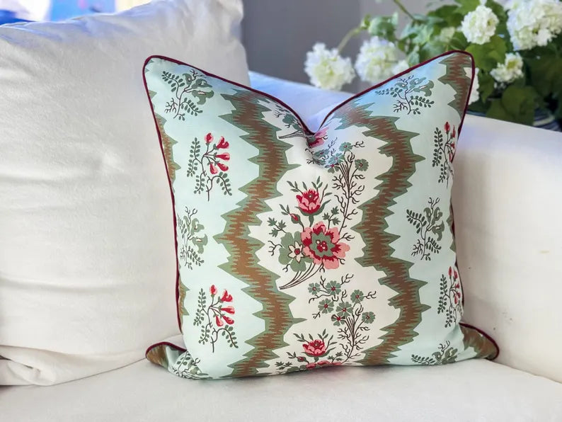 Whitney English Bedford Chintz Olive Green and Light Blue Pillow Cover | Grandmillennial Chinoiserie Decor
