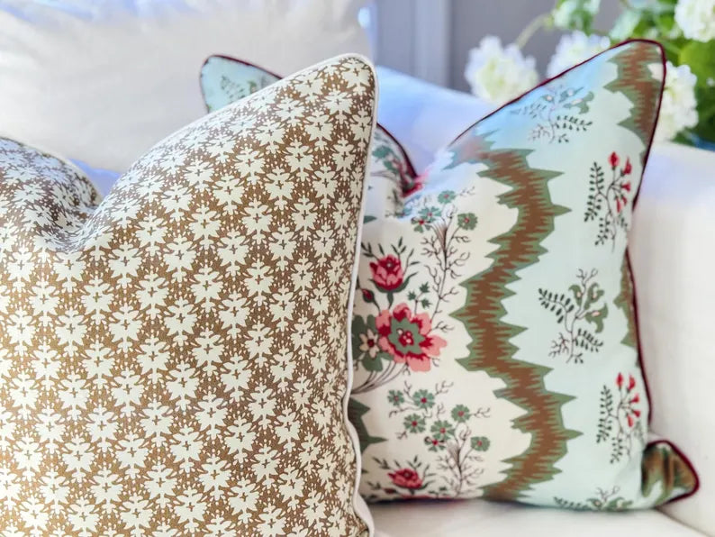 Whitney English Bedford Chintz Olive Green and Light Blue Pillow Cover | Grandmillennial Chinoiserie Decor